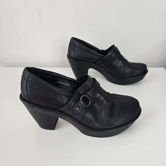 Born Black Leather Slip On Platform Clogs Size 9 Buckle Detail Preppy Comfort - Picture 7 of 11